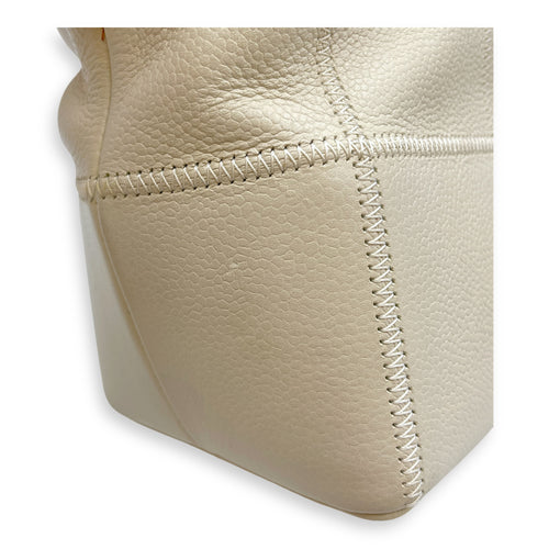 Square Quilted Lax White Top Handle Bag in Calfskin, Silver hardware