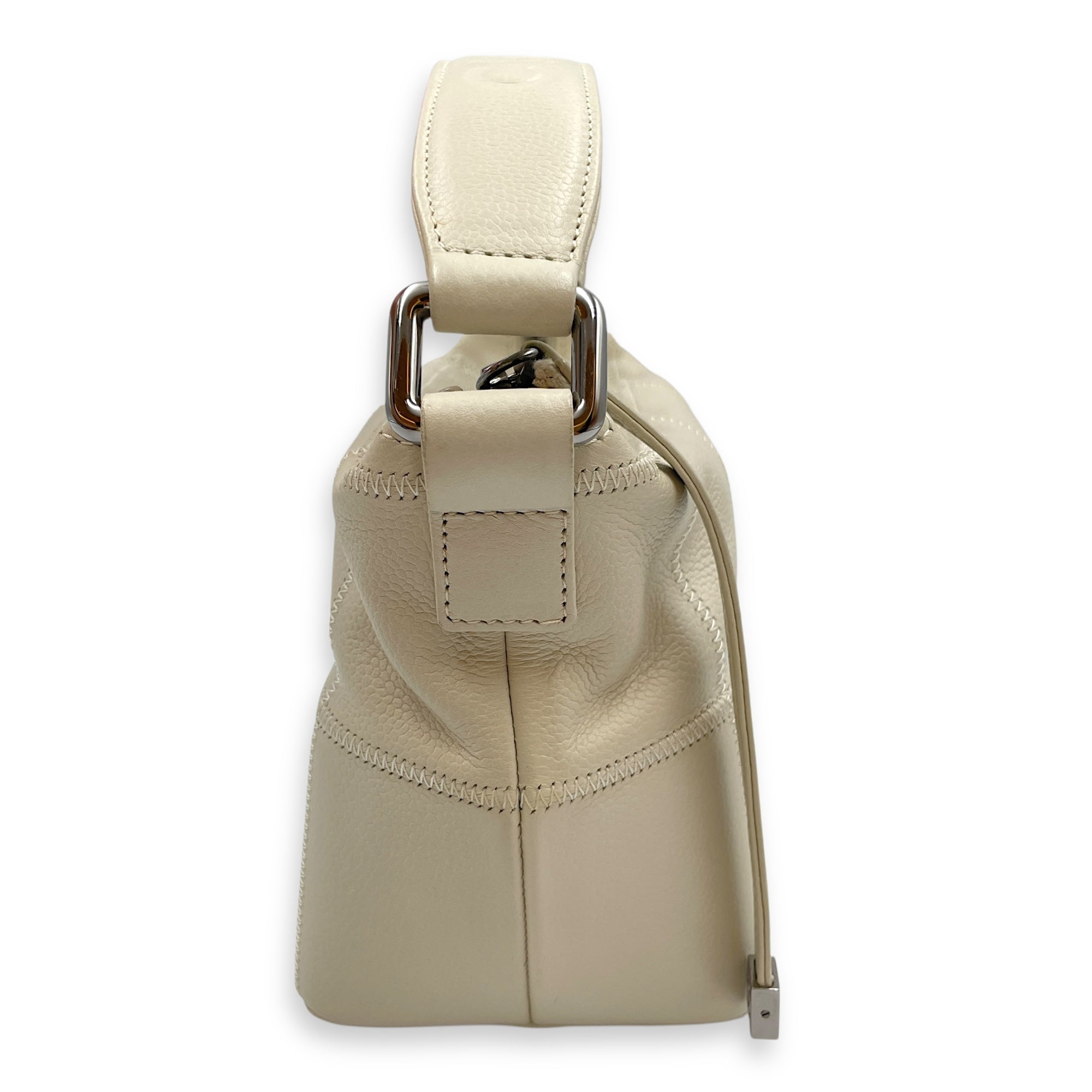 Square Quilted Lax White Top Handle Bag in Calfskin, Silver hardware