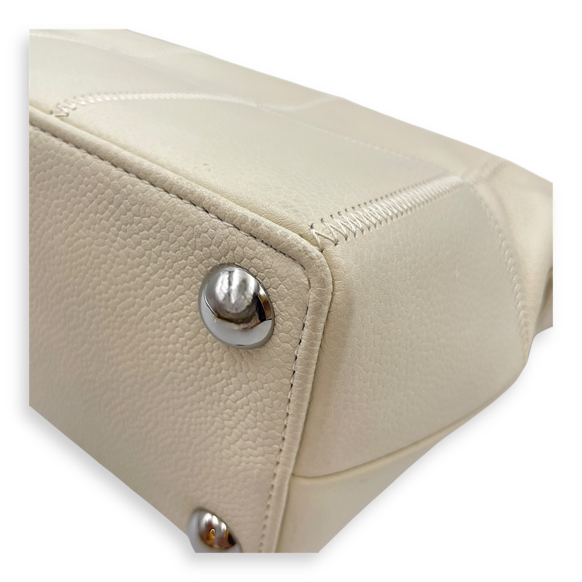 Square Quilted Lax White Top Handle Bag in Calfskin, Silver hardware
