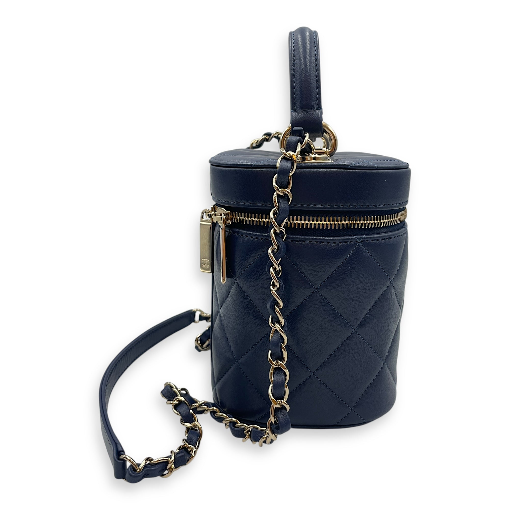Trendy CC Blue Vanity Case in Calfskin, Gold hardware