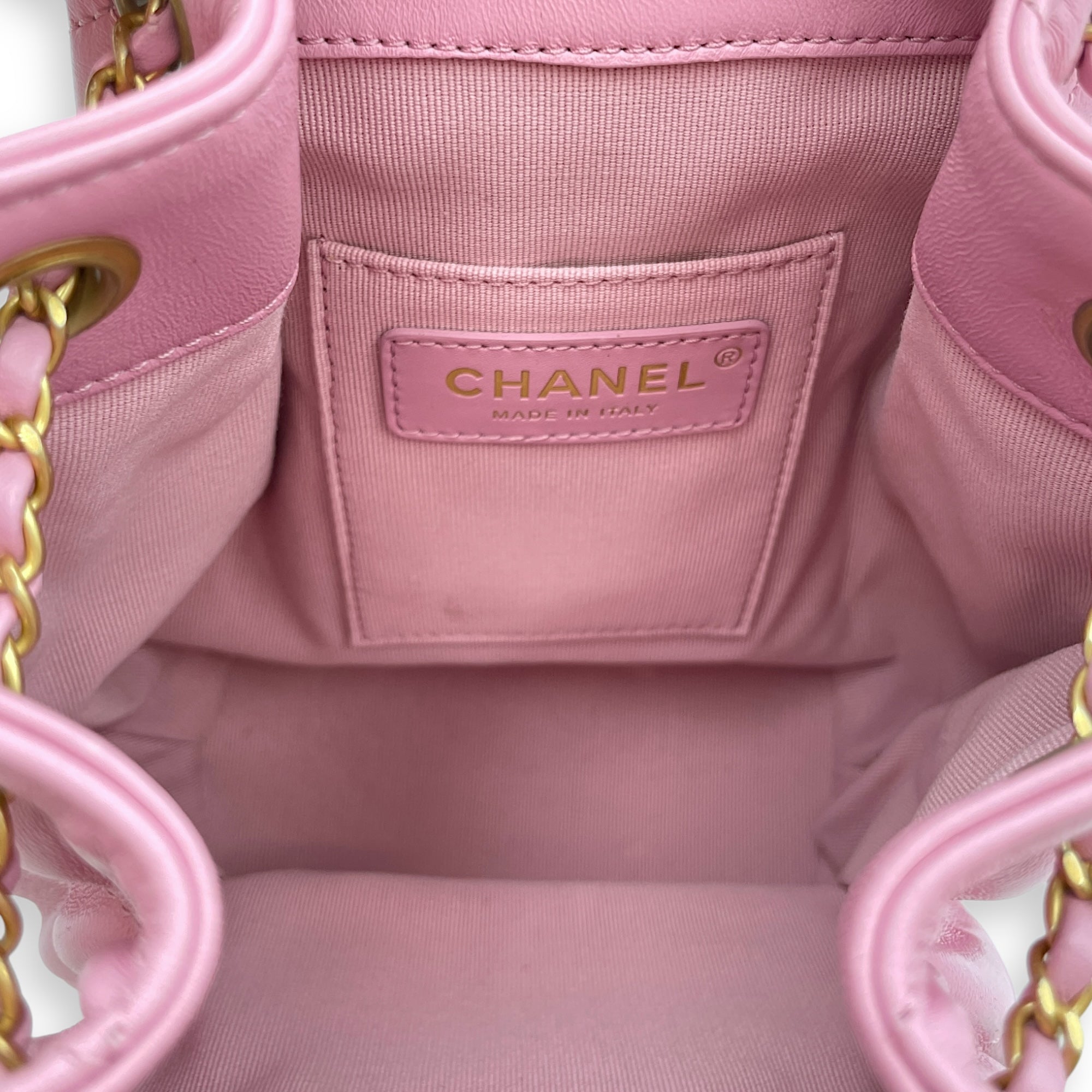 Quilted Drawstring Pink Backpack in Lambskin, Gold hardware