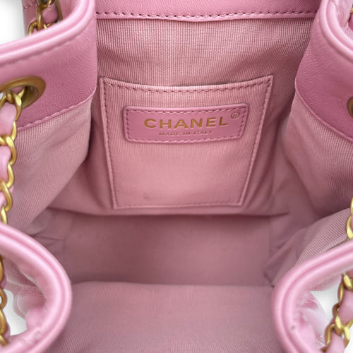 Quilted Drawstring Pink Backpack in Lambskin, Gold hardware