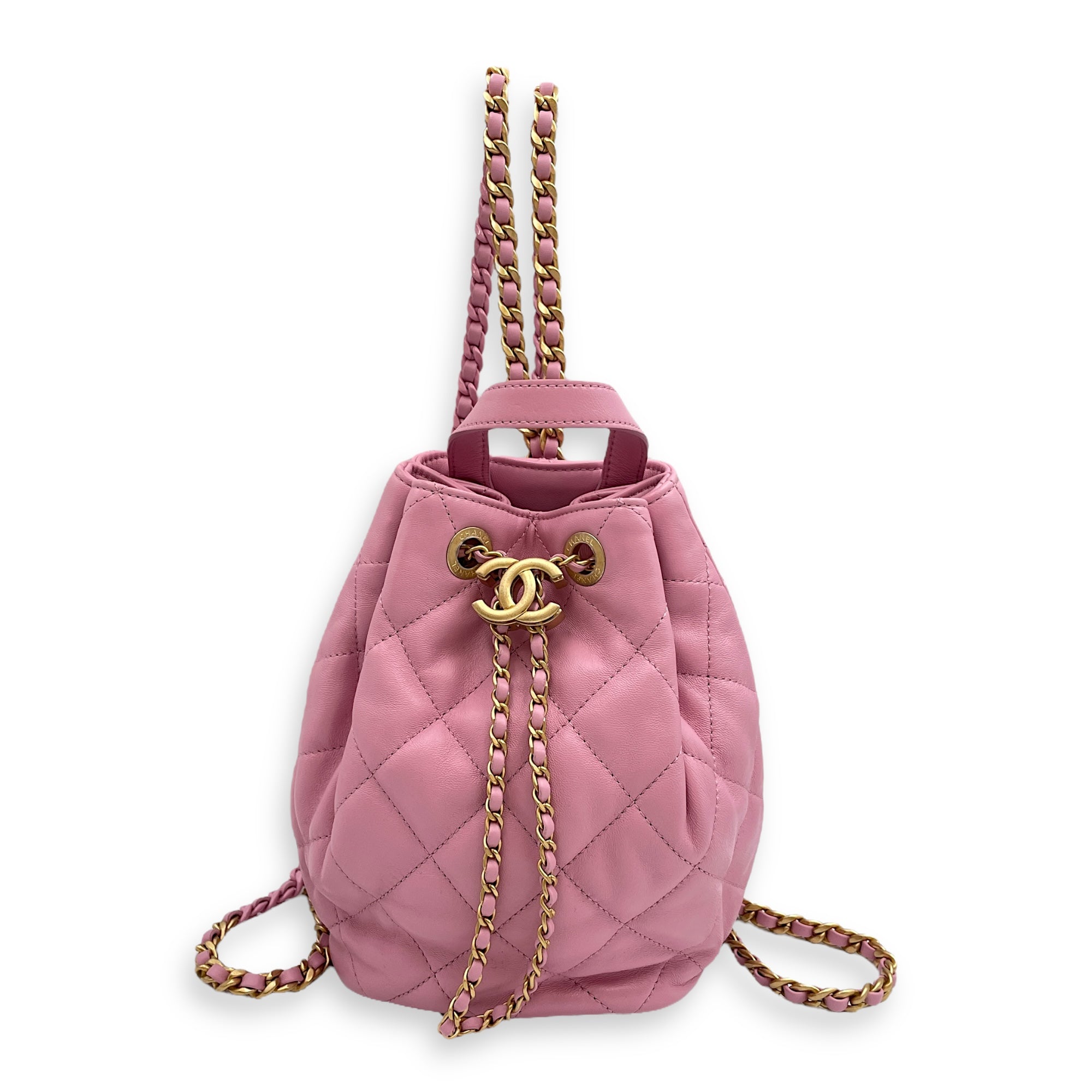 Quilted Drawstring Pink Backpack in Lambskin, Gold hardware