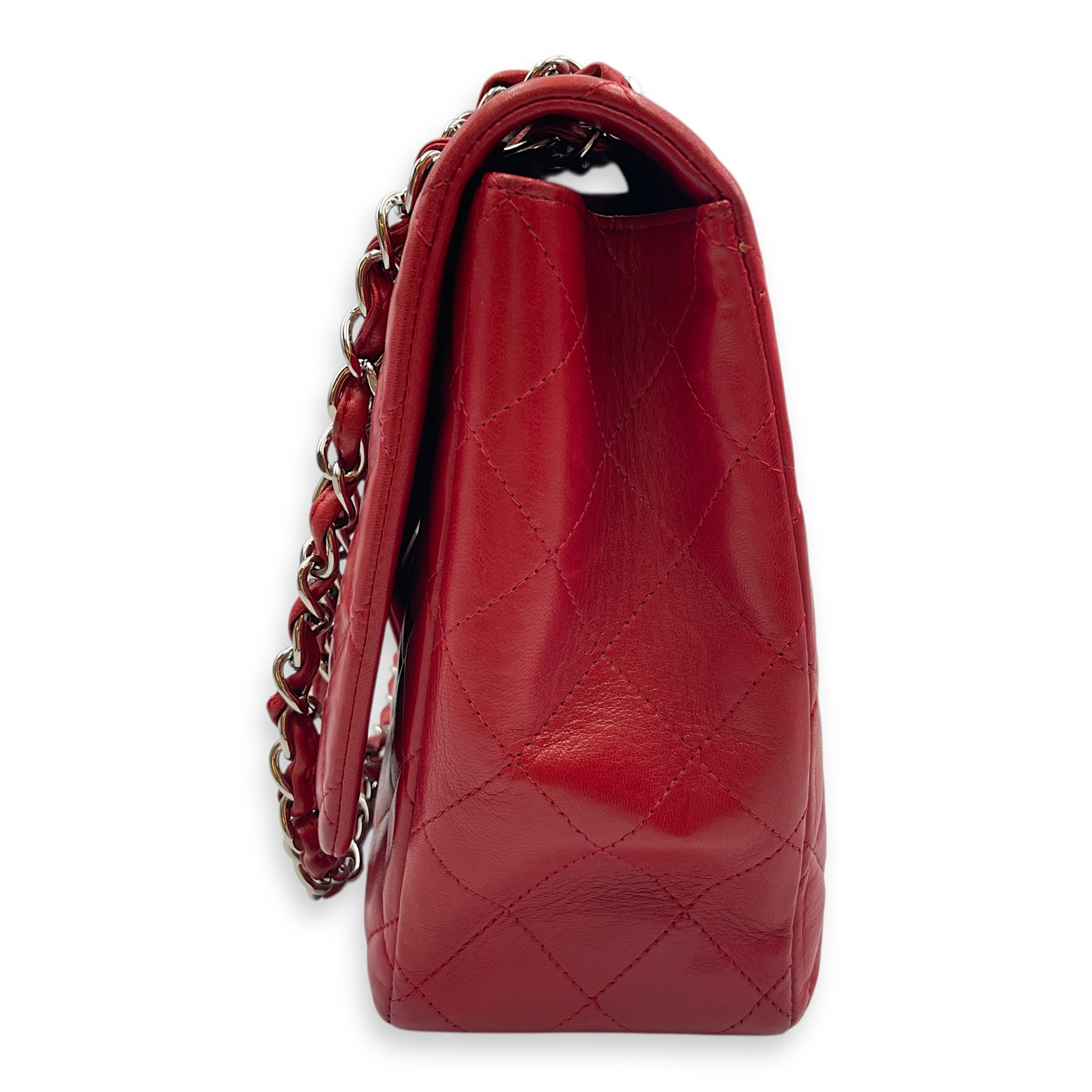 Classic Maxi Red Single Flap Bag in Lambskin, Silver hardware