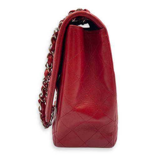 Classic Maxi Red Single Flap Bag in Lambskin, Silver hardware