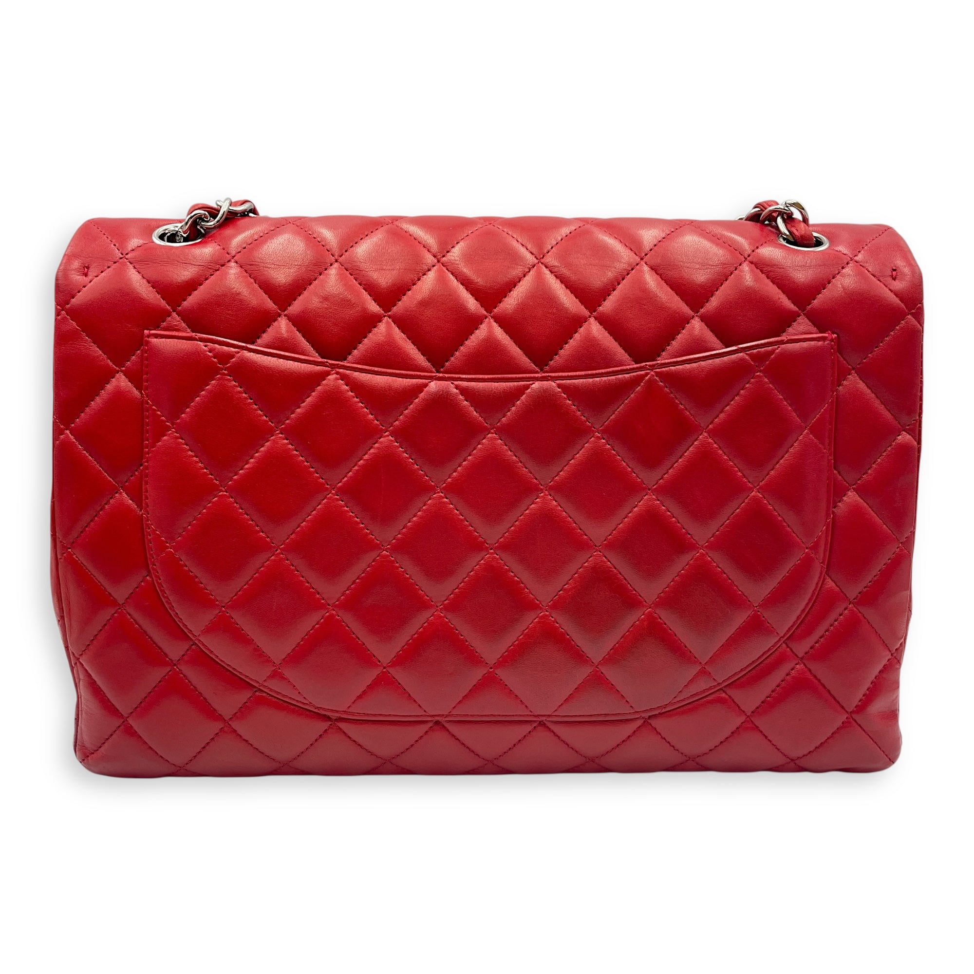 Classic Maxi Red Single Flap Bag in Lambskin, Silver hardware