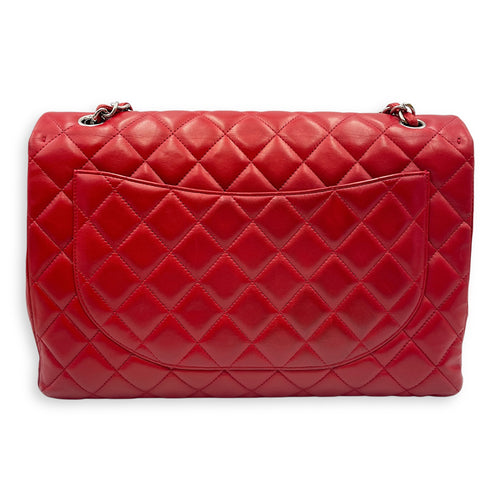 Classic Maxi Red Single Flap Bag in Lambskin, Silver hardware