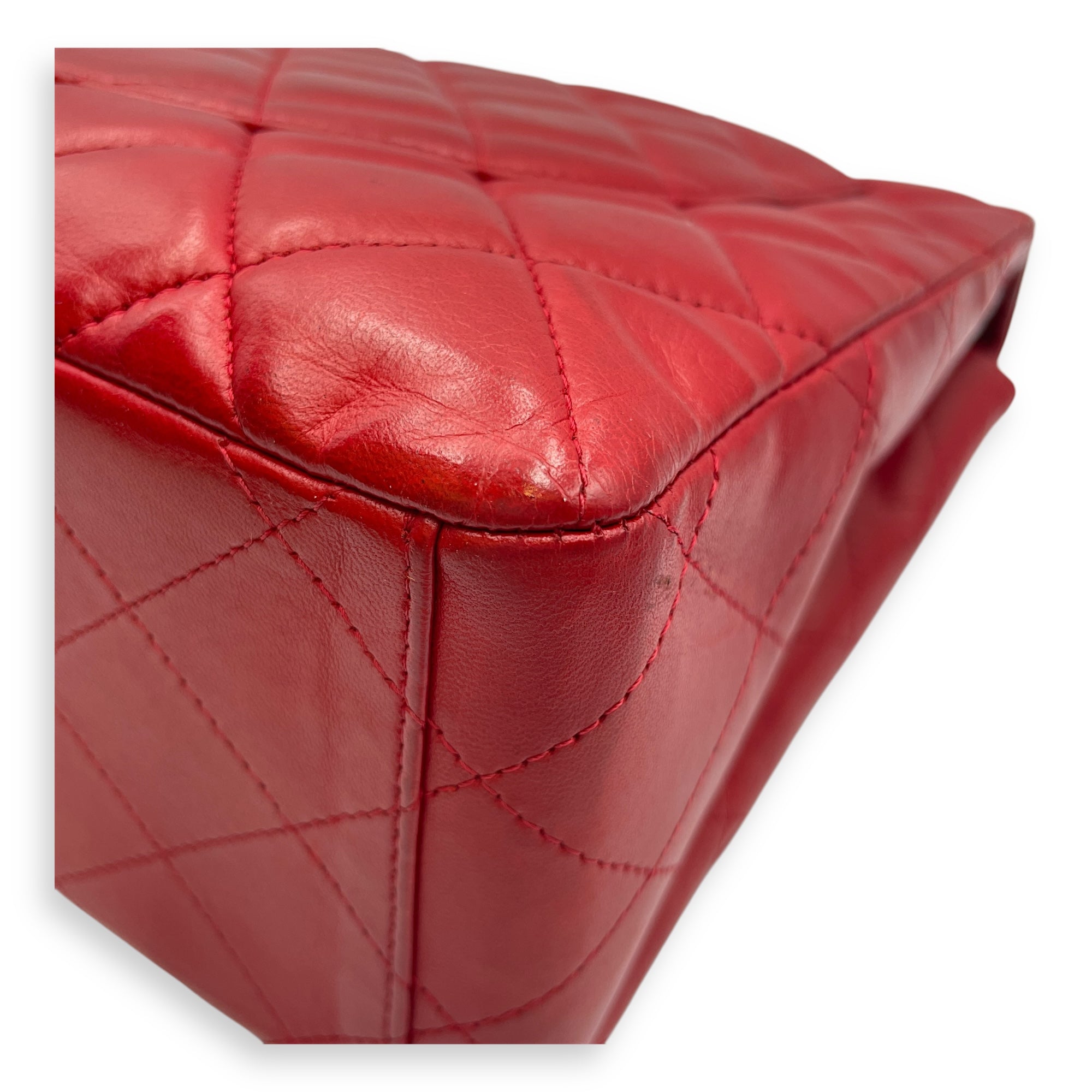 Classic Maxi Red Single Flap Bag in Lambskin, Silver hardware