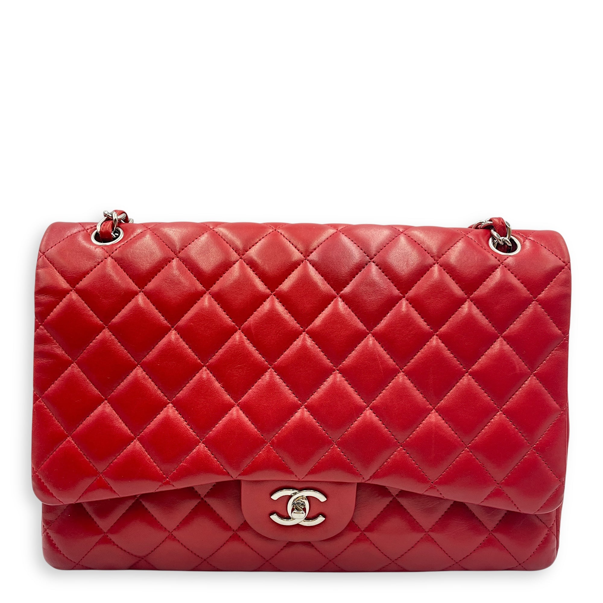 Classic Maxi Red Single Flap Bag in Lambskin, Silver hardware