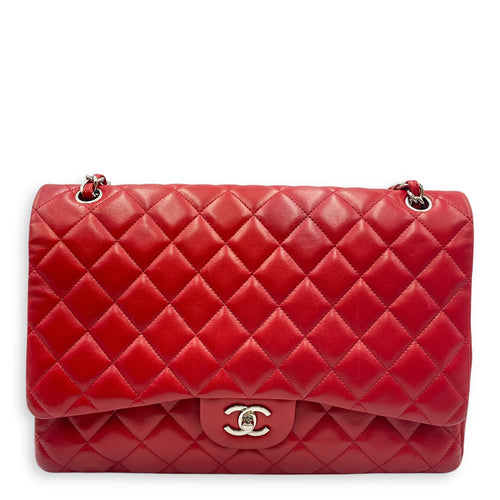 Classic Maxi Red Single Flap Bag in Lambskin, Silver hardware