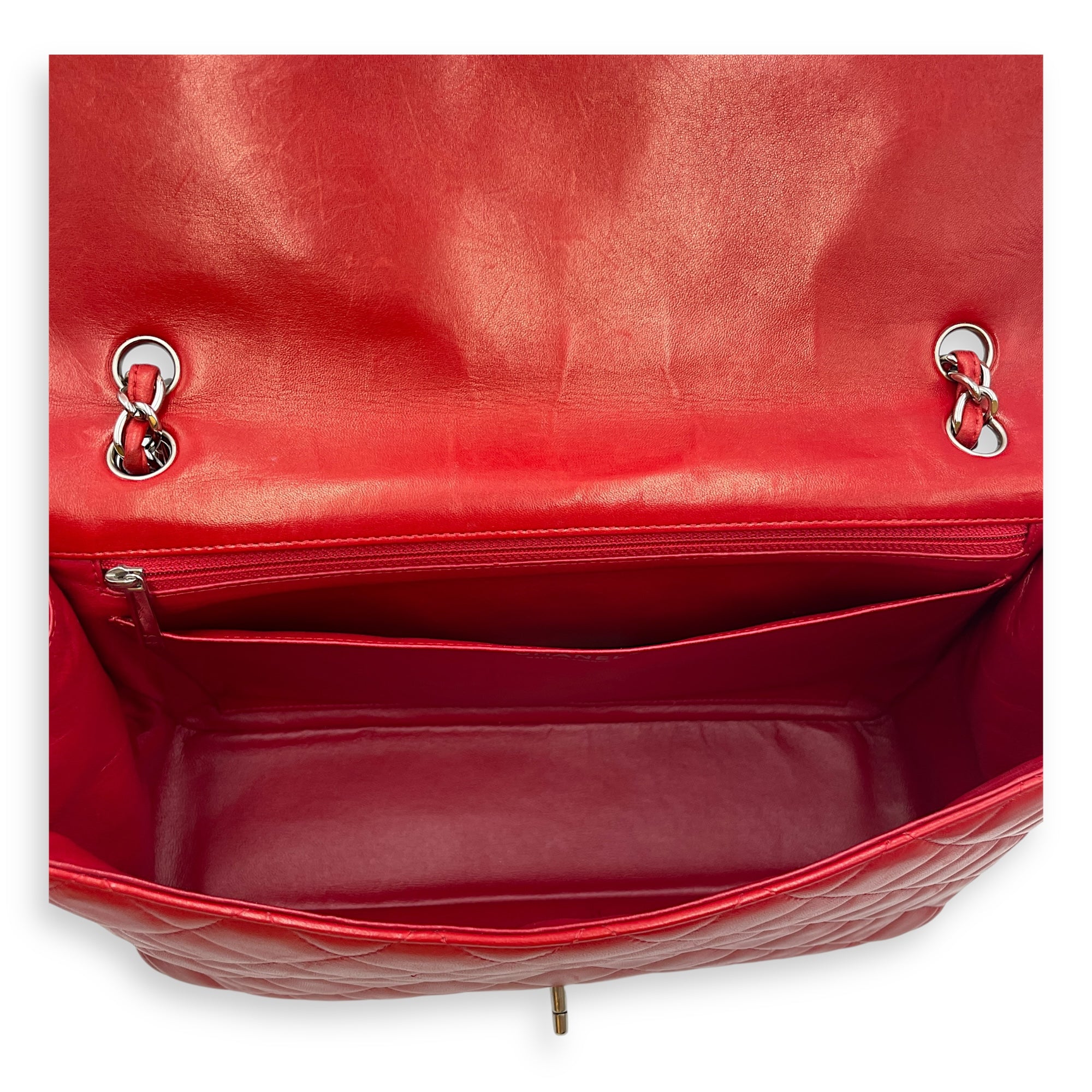 Classic Maxi Red Single Flap Bag in Lambskin, Silver hardware