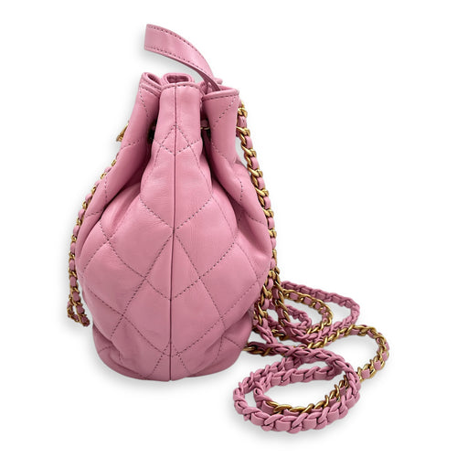 Quilted Drawstring Pink Backpack in Lambskin, Gold hardware