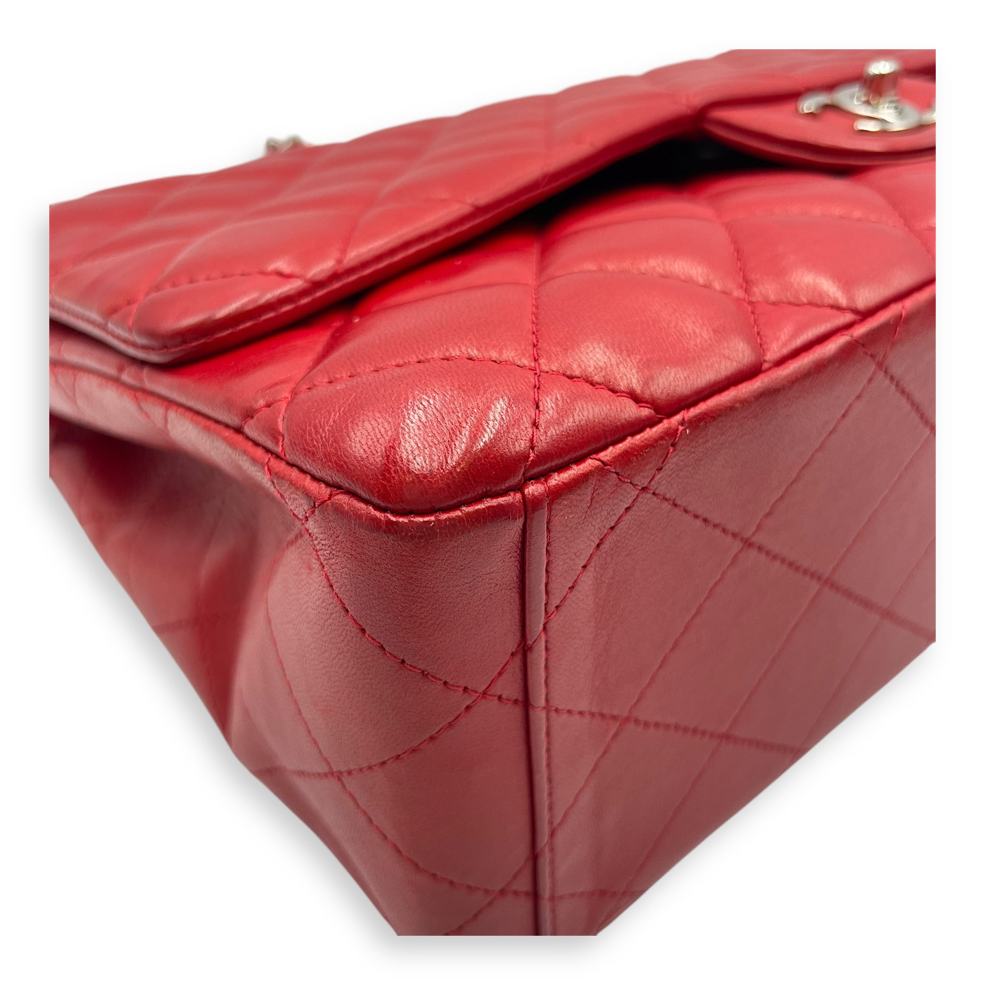 Classic Maxi Red Single Flap Bag in Lambskin, Silver hardware