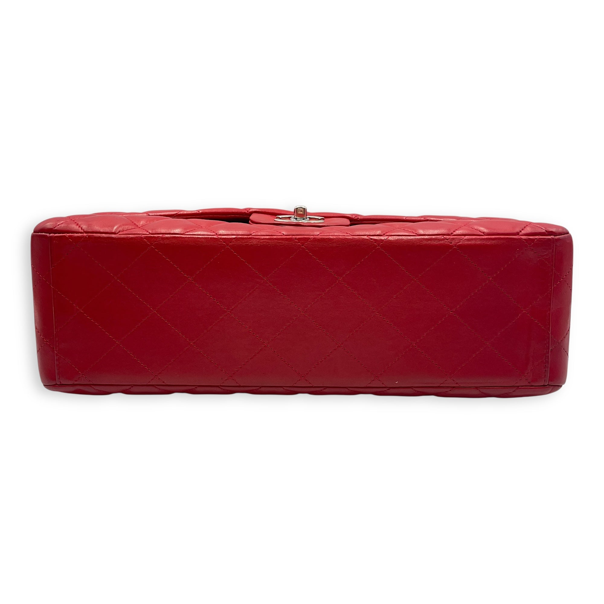 Classic Maxi Red Single Flap Bag in Lambskin, Silver hardware