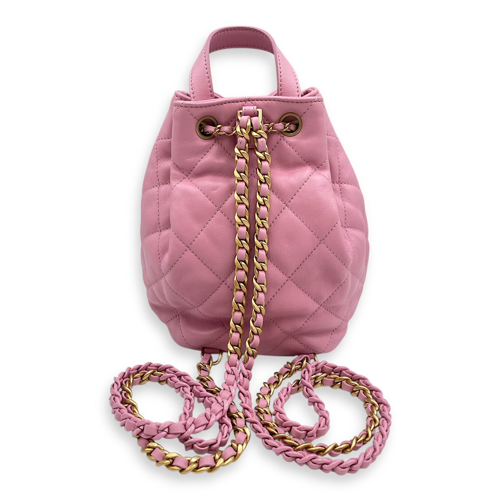 Quilted Drawstring Pink Backpack in Lambskin, Gold hardware