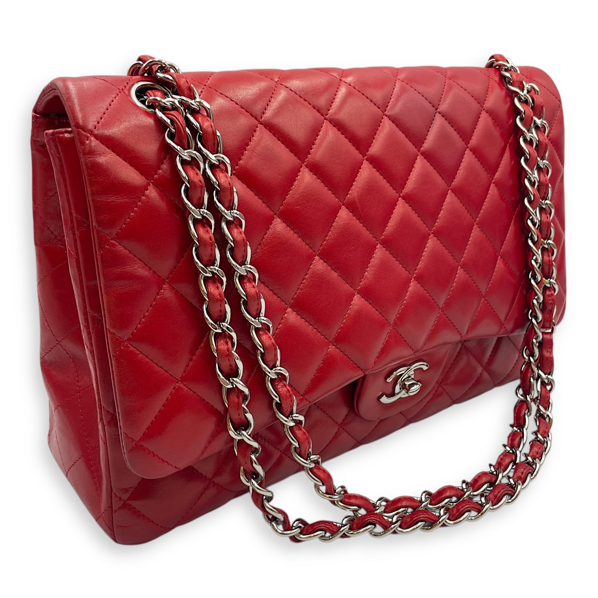Classic Maxi Red Single Flap Bag in Lambskin, Silver hardware