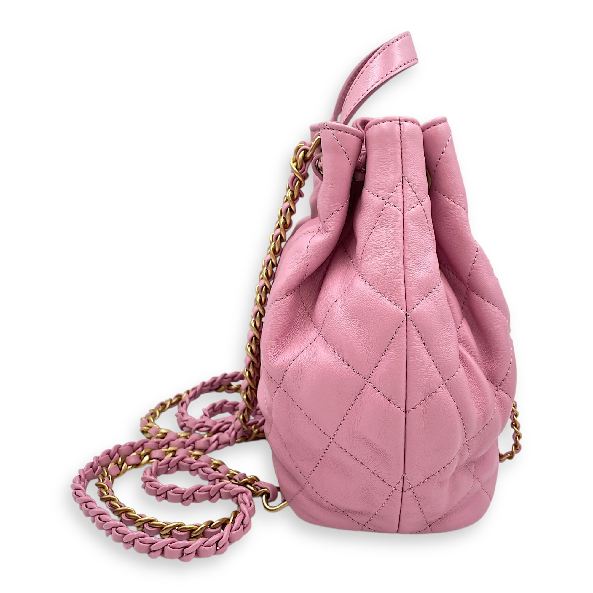 Quilted Drawstring Pink Backpack in Lambskin, Gold hardware