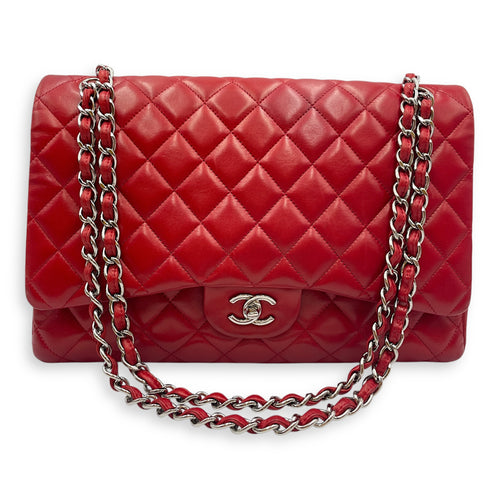Classic Maxi Red Single Flap Bag in Lambskin, Silver hardware