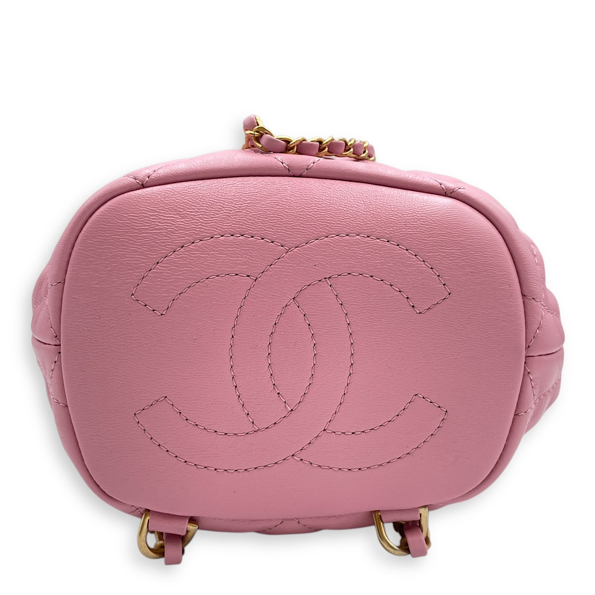 Quilted Drawstring Pink Backpack in Lambskin, Gold hardware