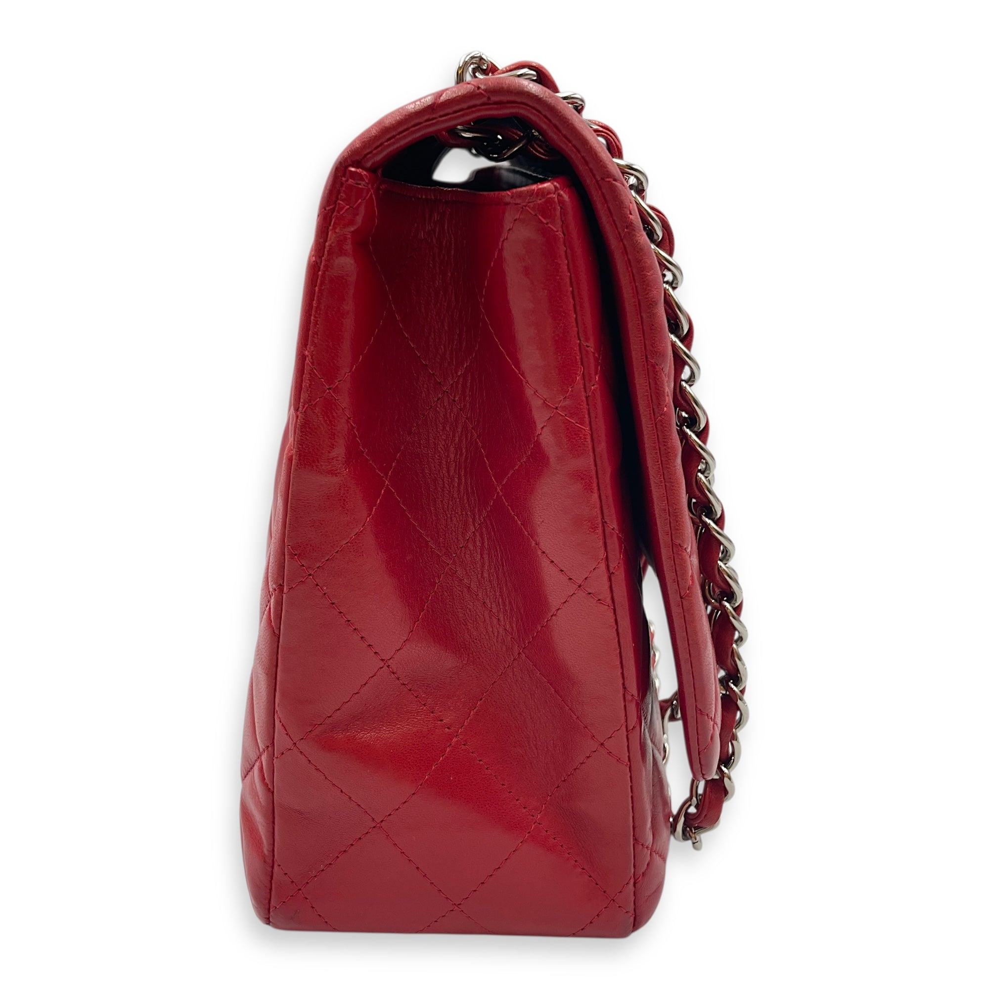 Classic Maxi Red Single Flap Bag in Lambskin, Silver hardware