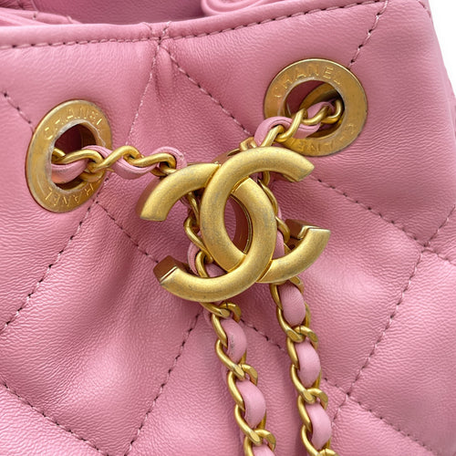Quilted Drawstring Pink Backpack in Lambskin, Gold hardware