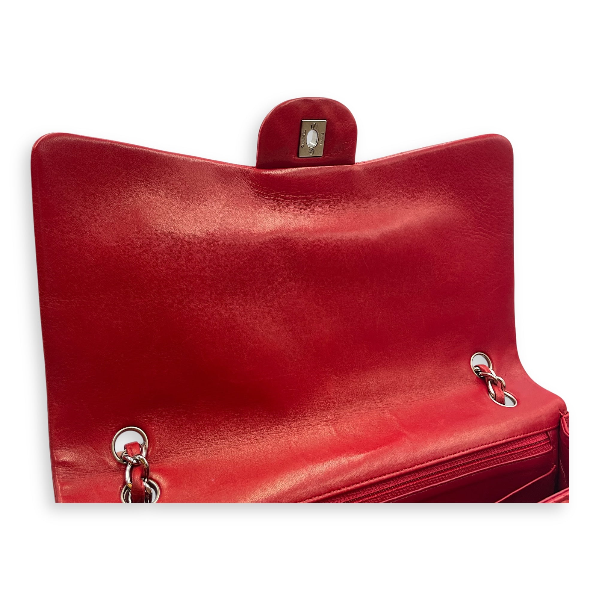 Classic Maxi Red Single Flap Bag in Lambskin, Silver hardware