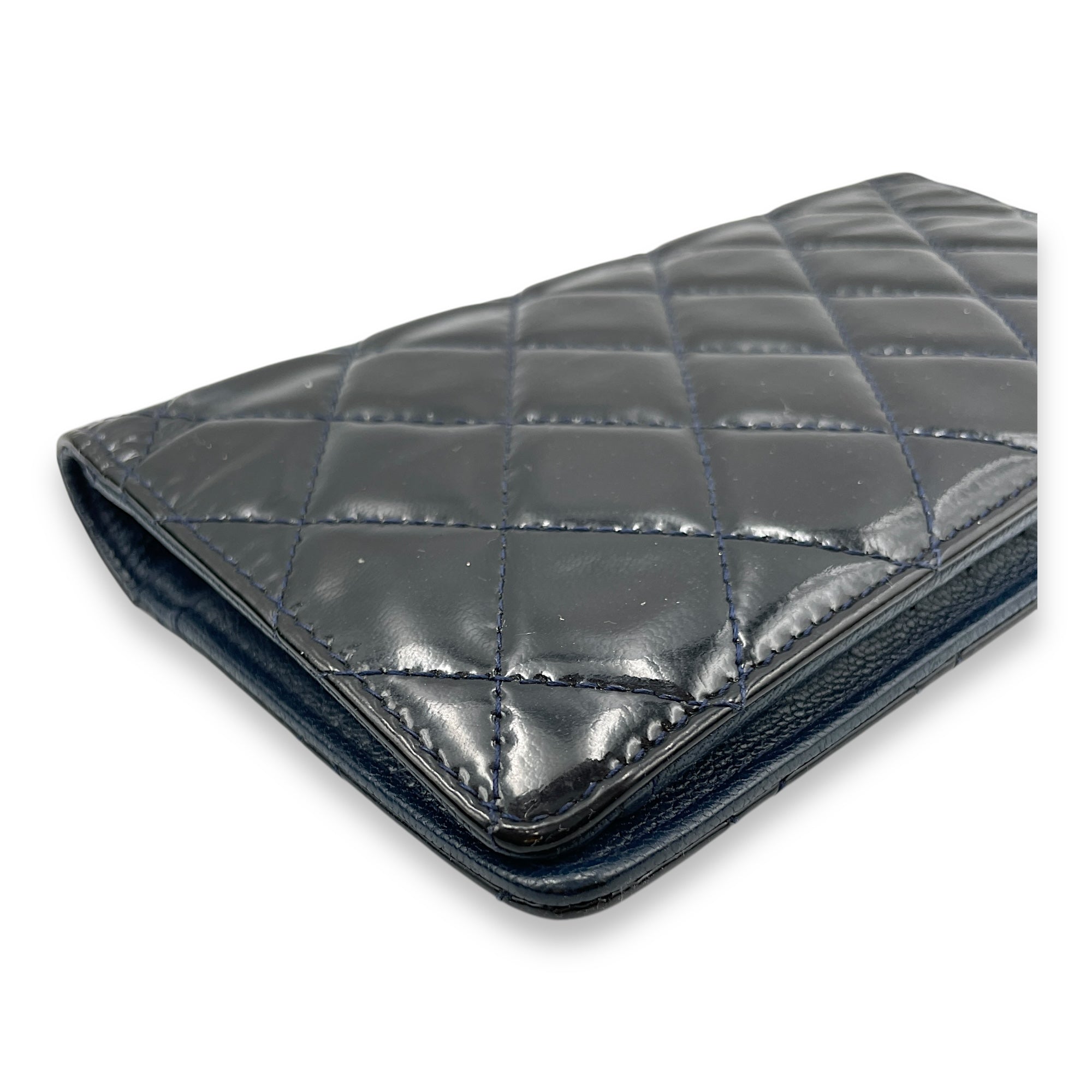 Quilted CC Long Blue Wallet in Patent Leather, Gold hardware