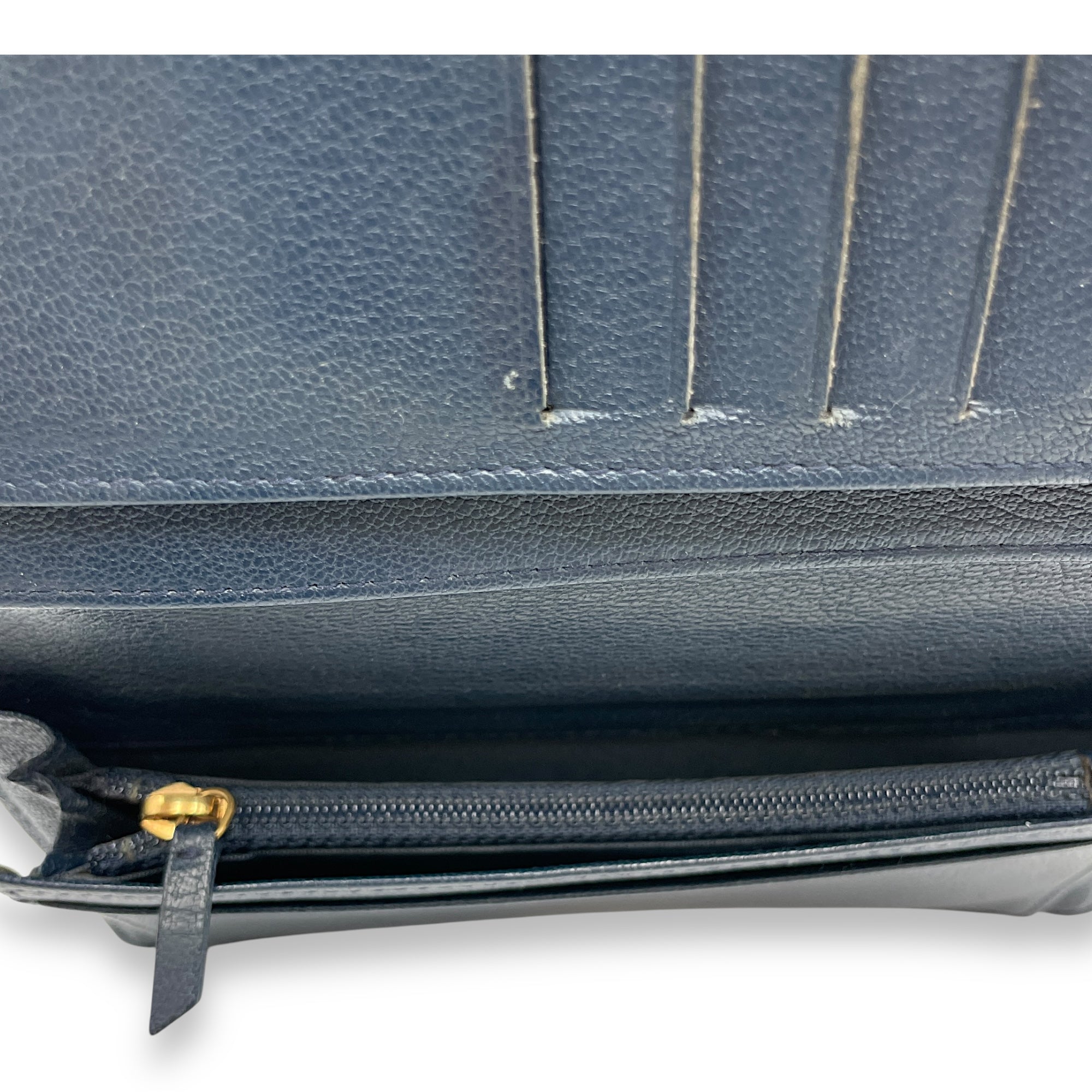 Quilted CC Long Blue Wallet in Patent Leather, Gold hardware