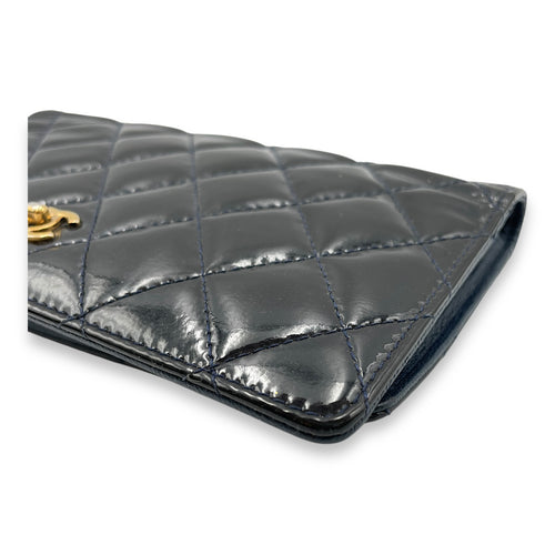 Quilted CC Long Blue Wallet in Patent Leather, Gold hardware