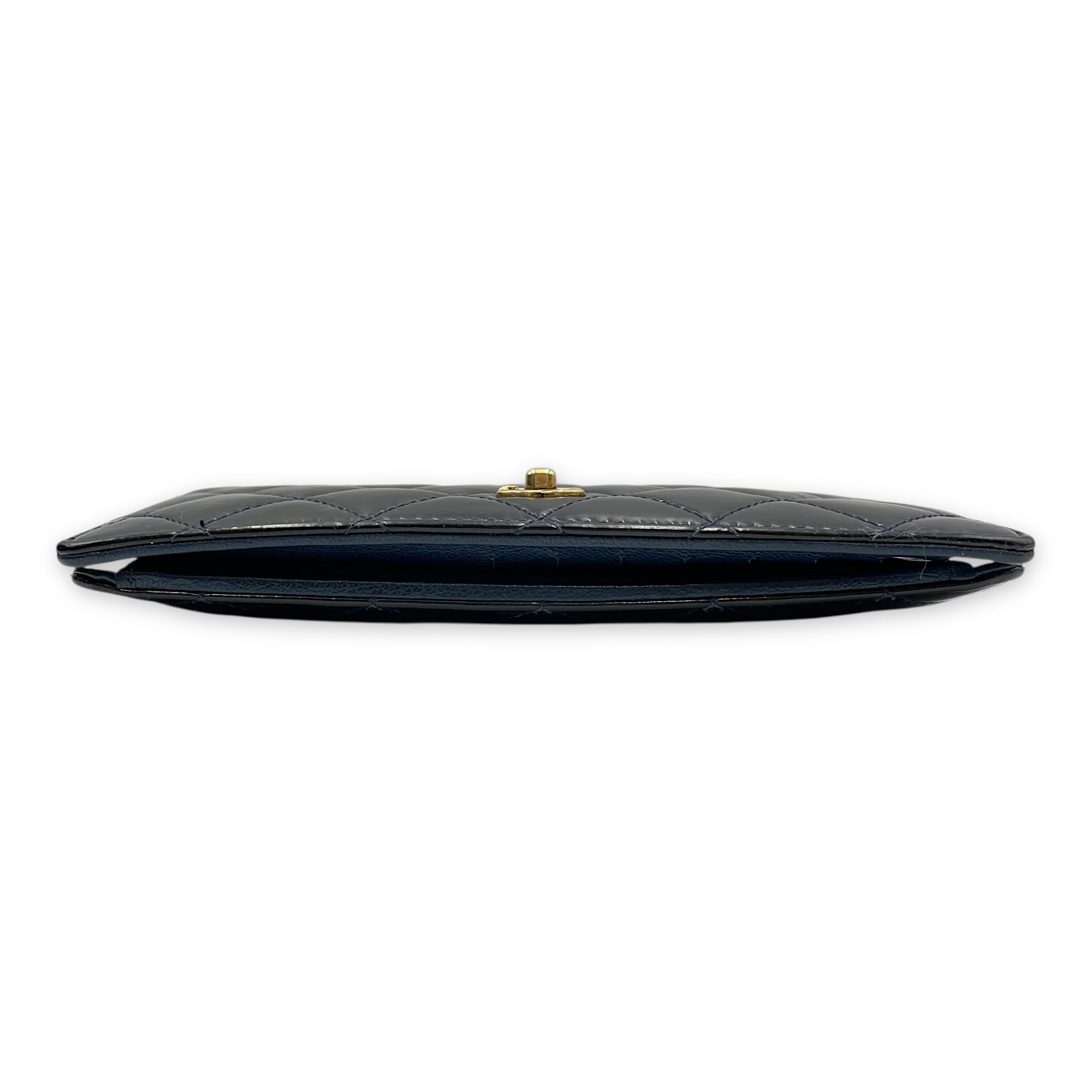 Quilted CC Long Blue Wallet in Patent Leather, Gold hardware