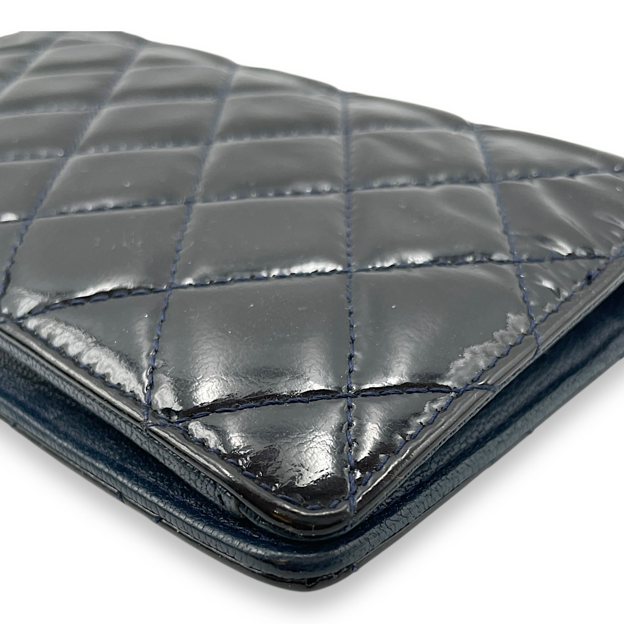 Quilted CC Long Blue Wallet in Patent Leather, Gold hardware