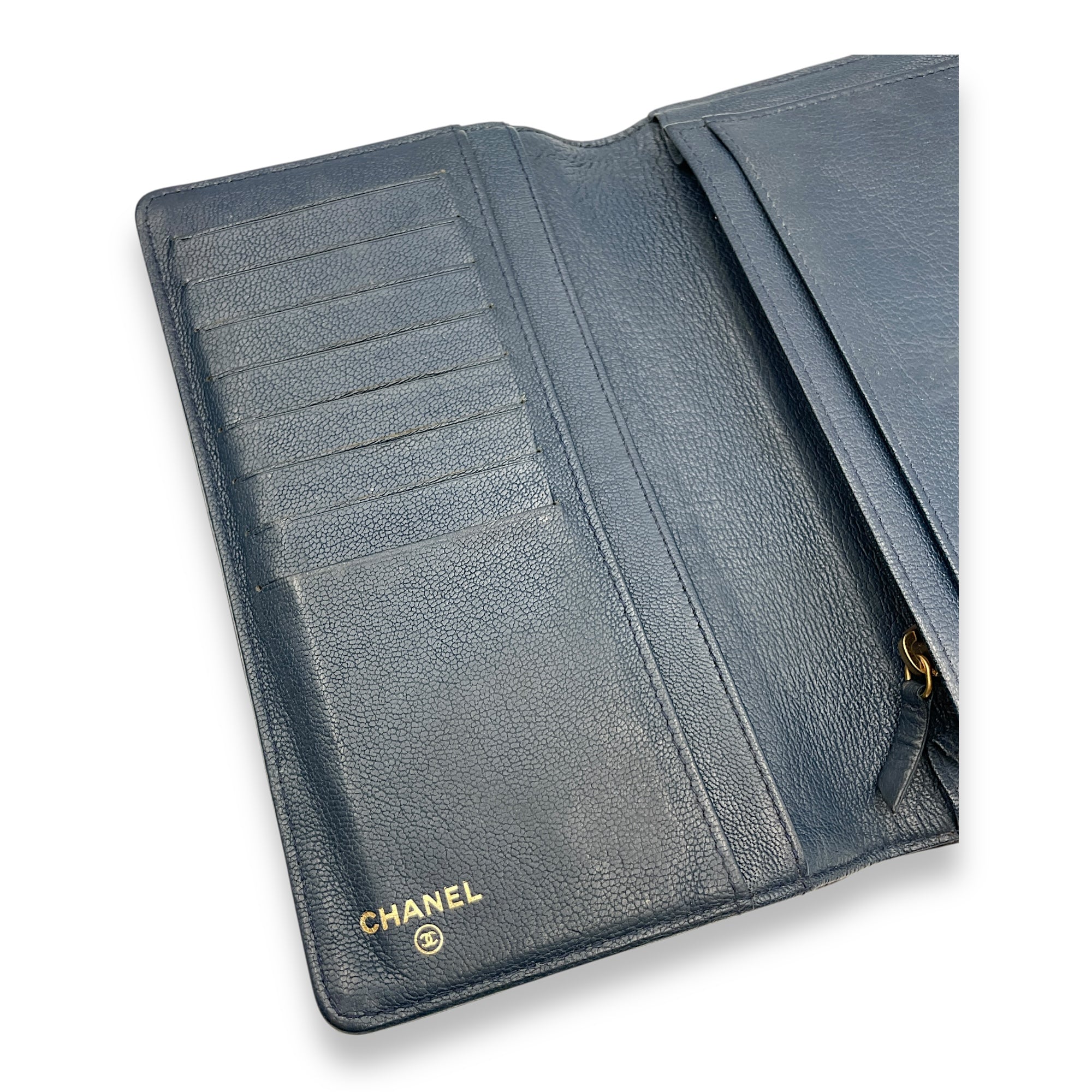 Quilted CC Long Blue Wallet in Patent Leather, Gold hardware