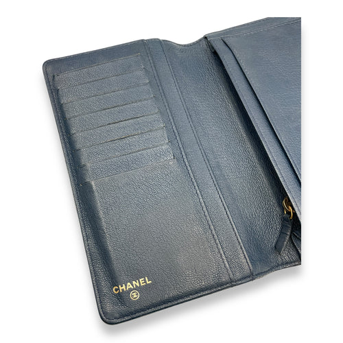 Quilted CC Long Blue Wallet in Patent Leather, Gold hardware