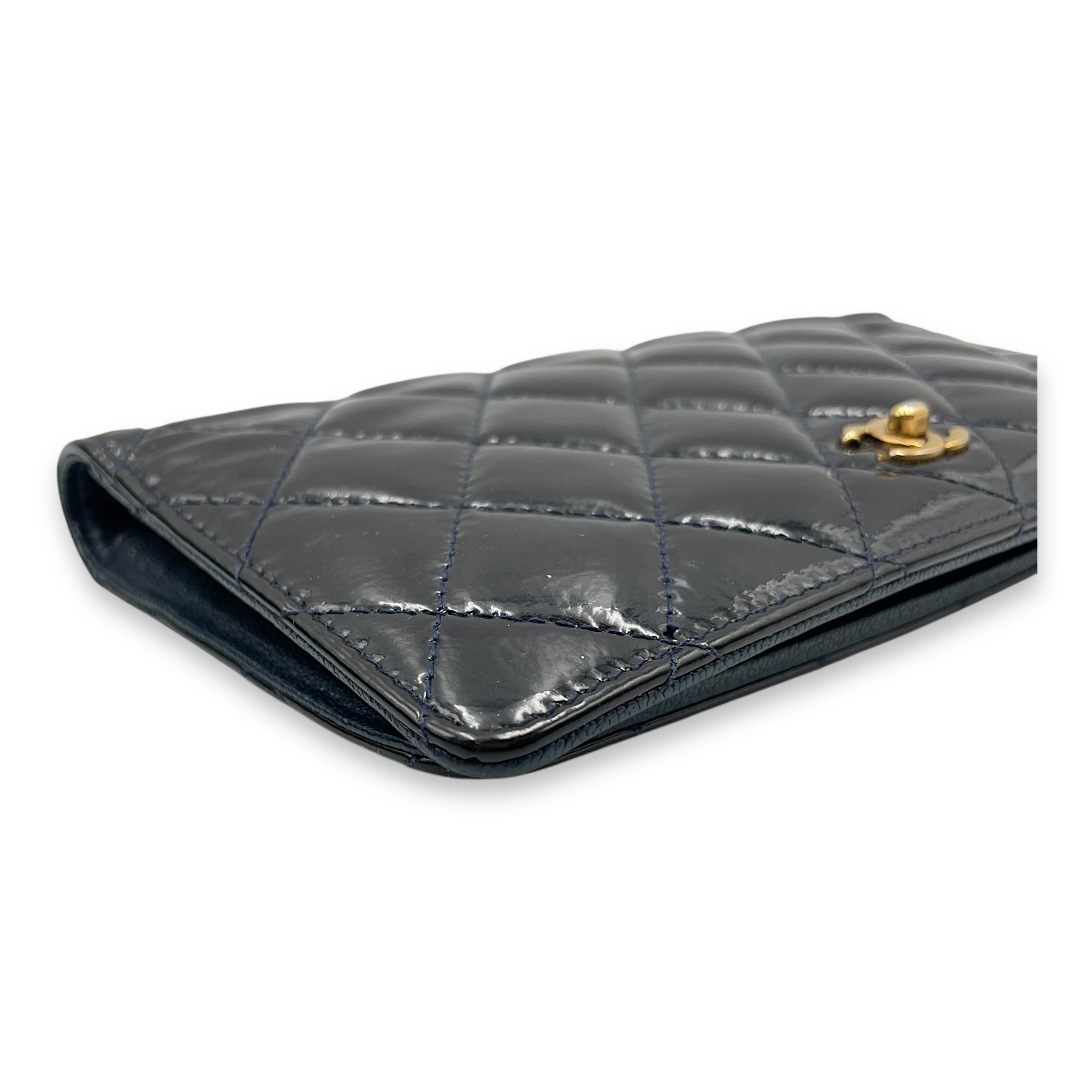 Quilted CC Long Blue Wallet in Patent Leather, Gold hardware