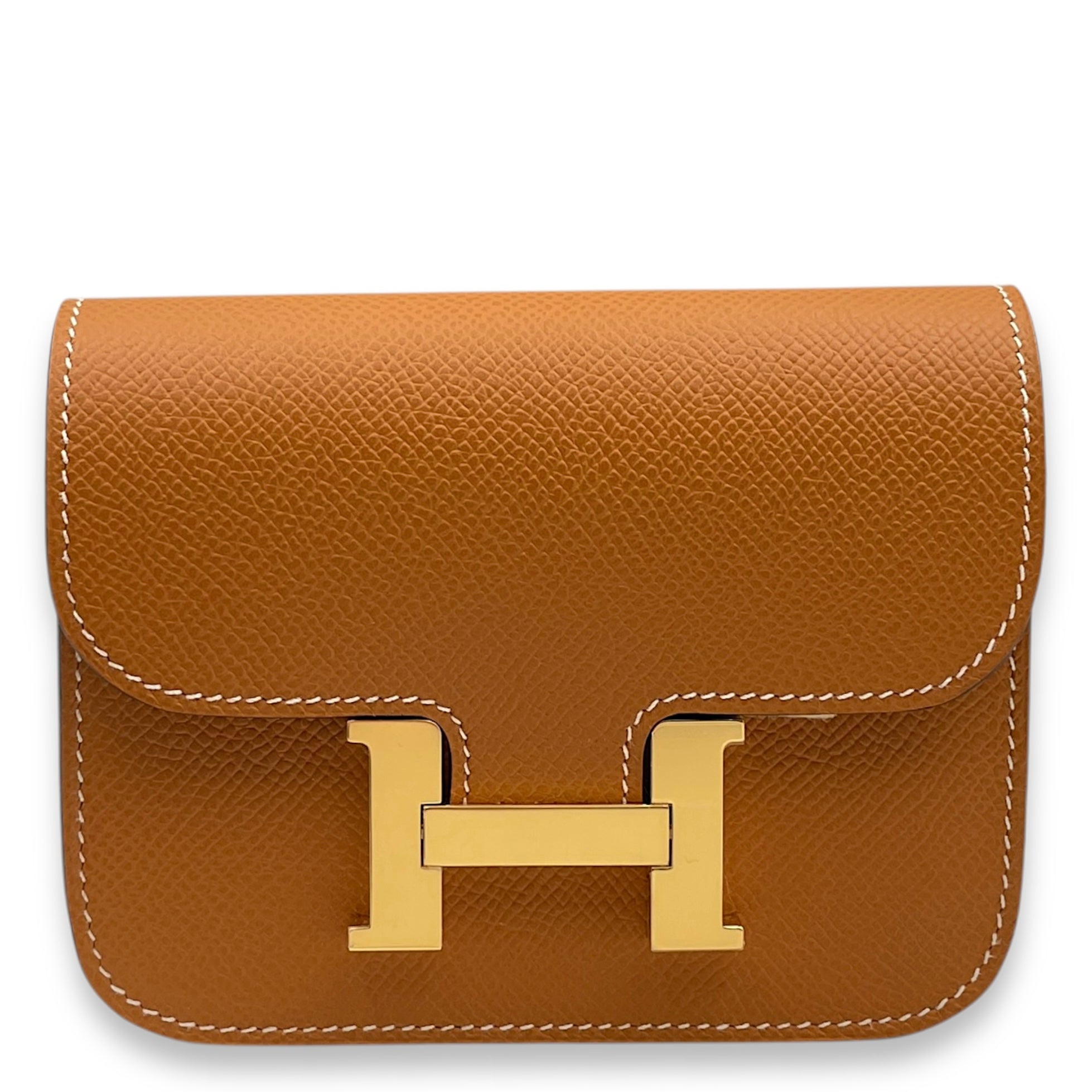 Constance Slim Toffee Wallet in Epsom, Gold hardware