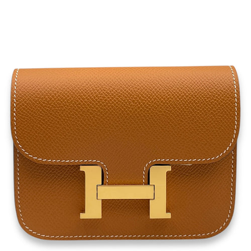 Constance Slim Toffee Wallet in Epsom, Gold hardware