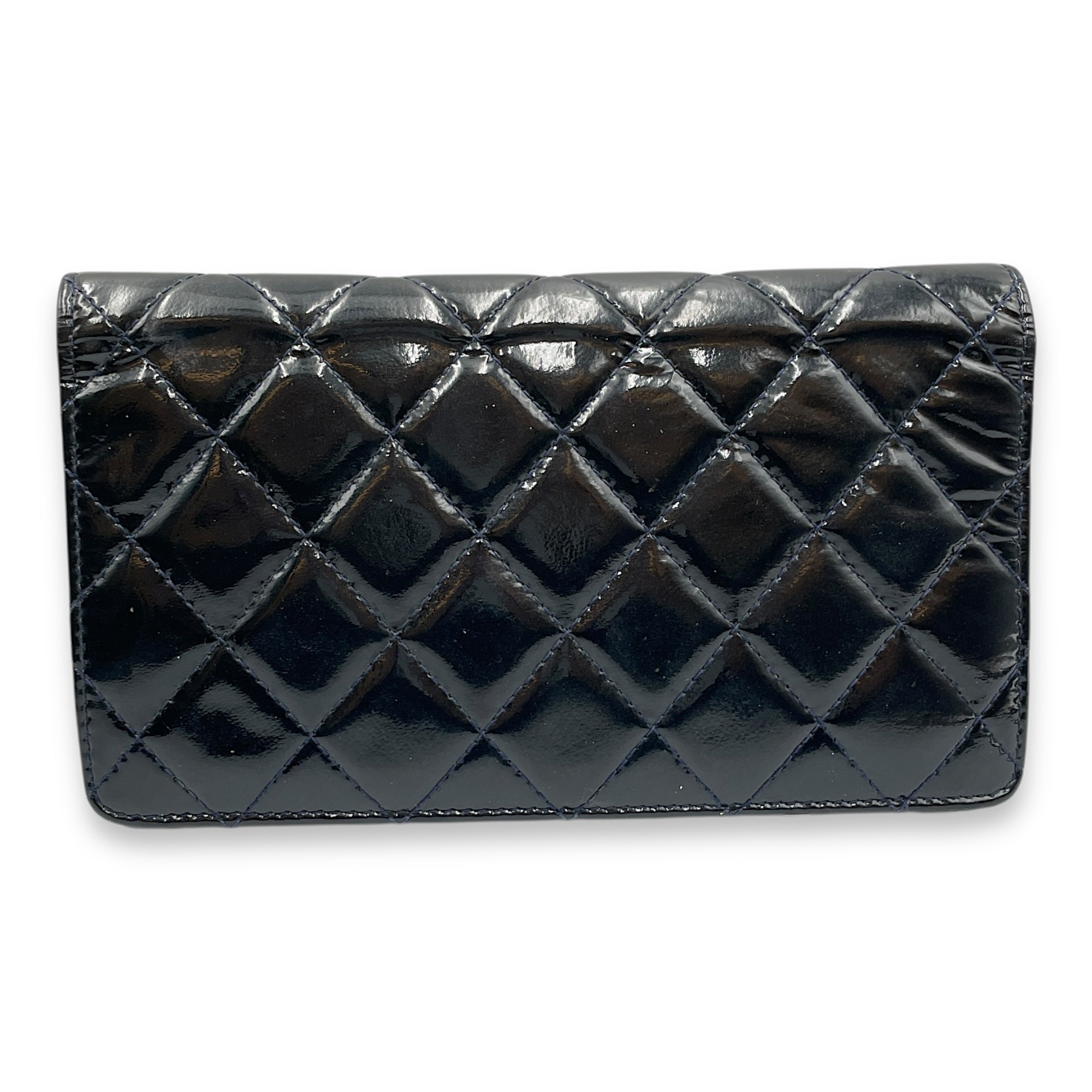 Quilted CC Long Blue Wallet in Patent Leather, Gold hardware