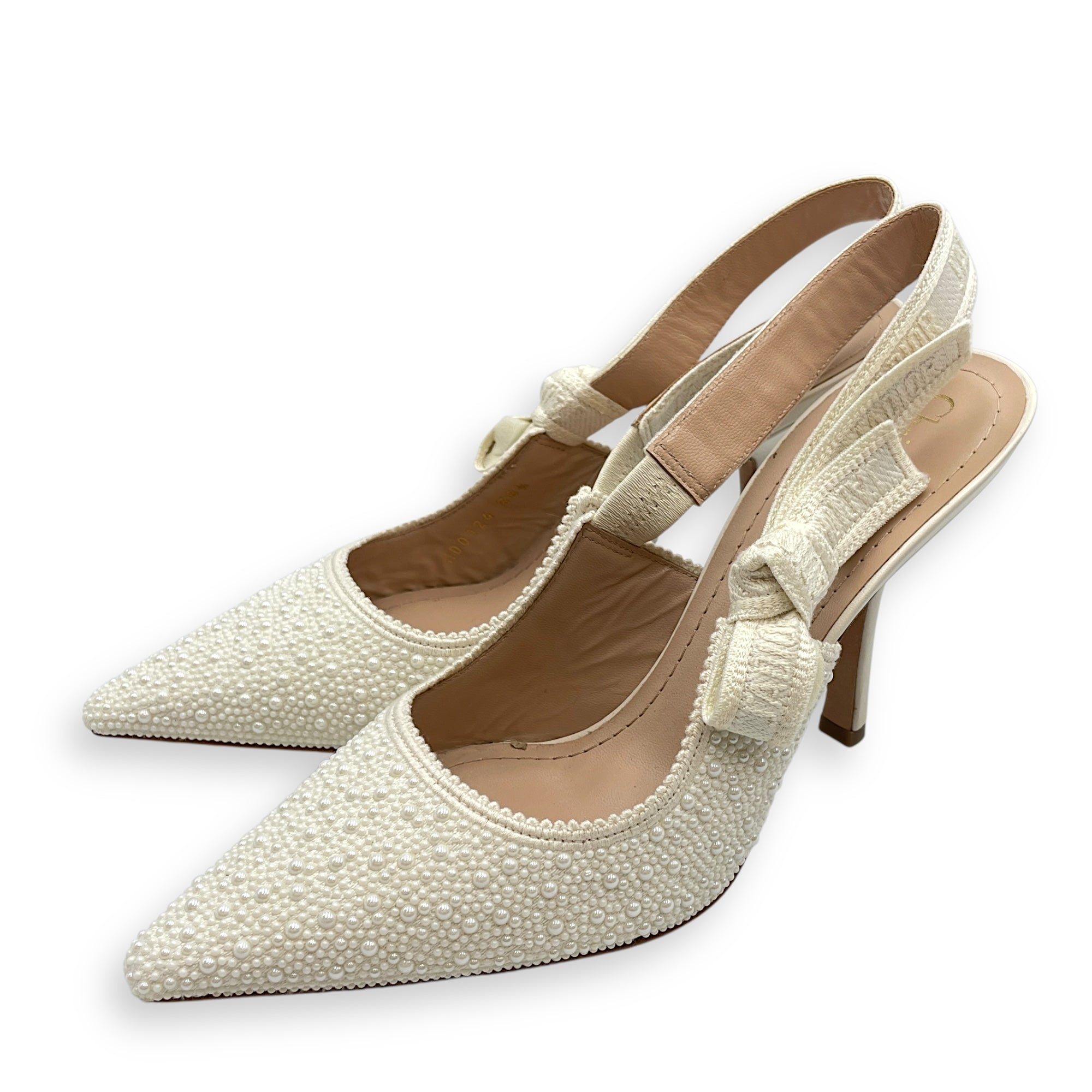 J'Adior 38.5 White Slingback Embroidered Pumps in Cotton, Pearl hardware