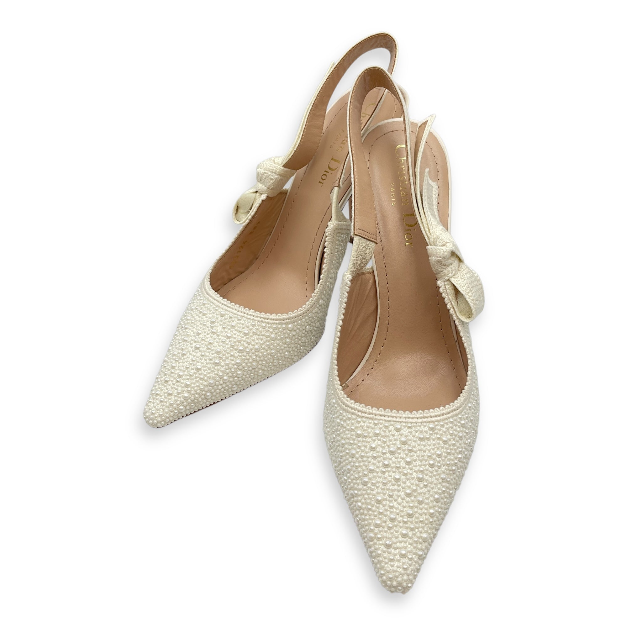 J'Adior 38.5 White Slingback Embroidered Pumps in Cotton, Pearl hardware