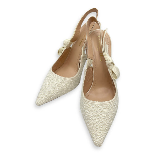 J'Adior 38.5 White Slingback Embroidered Pumps in Cotton, Pearl hardware