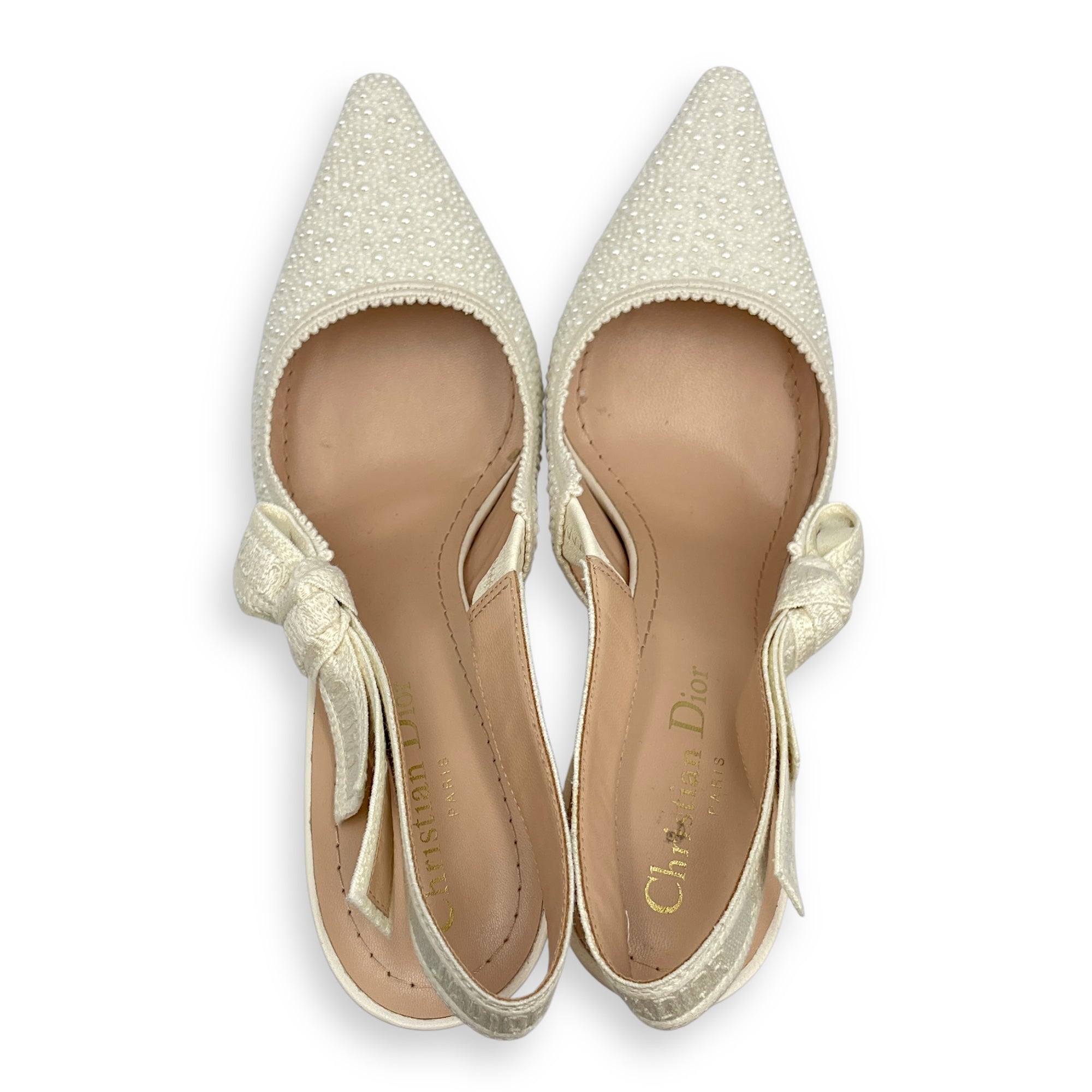 J'Adior 38.5 White Slingback Embroidered Pumps in Cotton, Pearl hardware