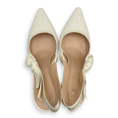 J'Adior 38.5 White Slingback Embroidered Pumps in Cotton, Pearl hardware
