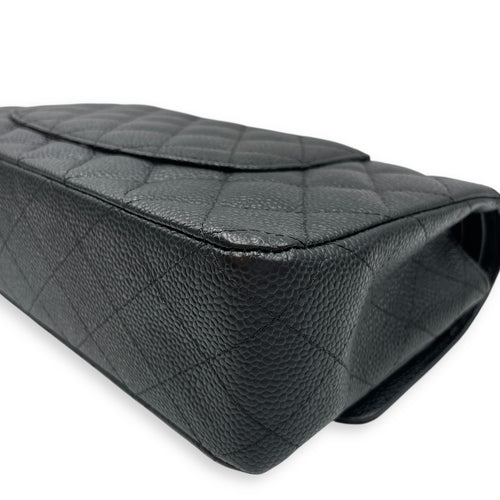 Classic Medium Black Double Flap Bag in Caviar Leather, Silver hardware