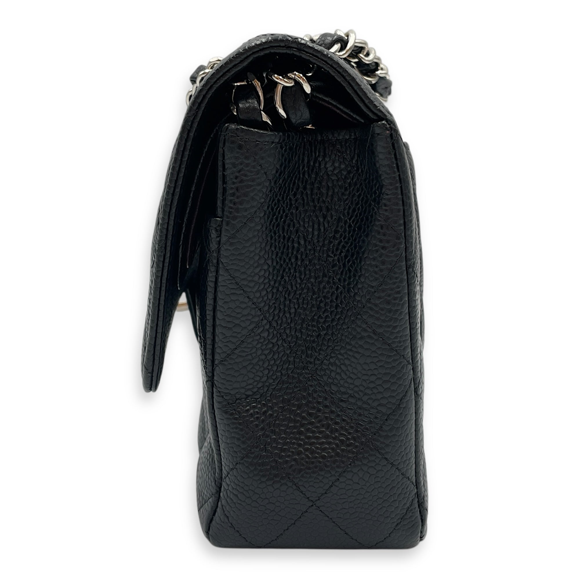Classic Medium Black Double Flap Bag in Caviar Leather, Silver hardware