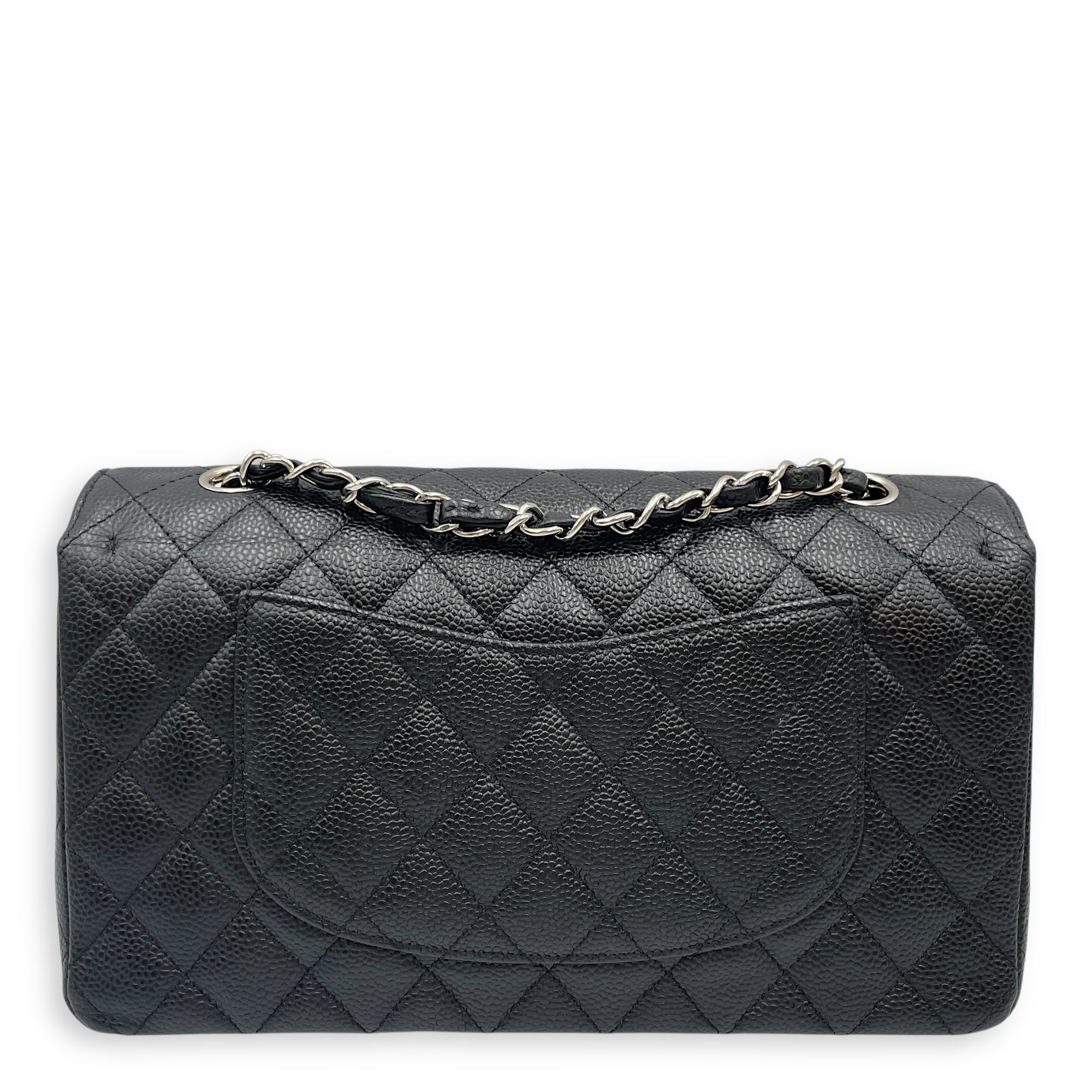 Classic Medium Black Double Flap Bag in Caviar Leather, Silver hardware