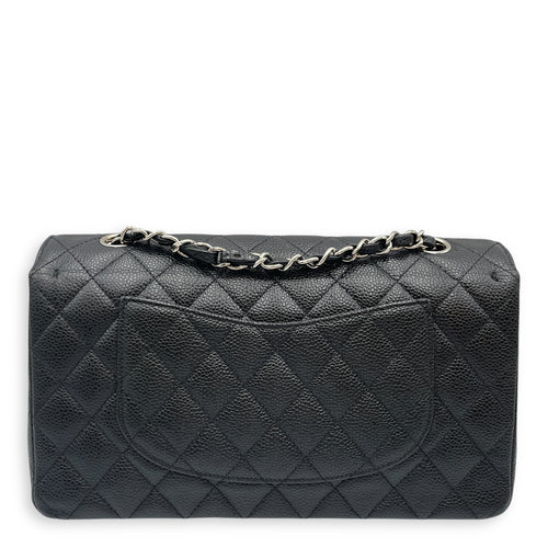 Classic Medium Black Double Flap Bag in Caviar Leather, Silver hardware