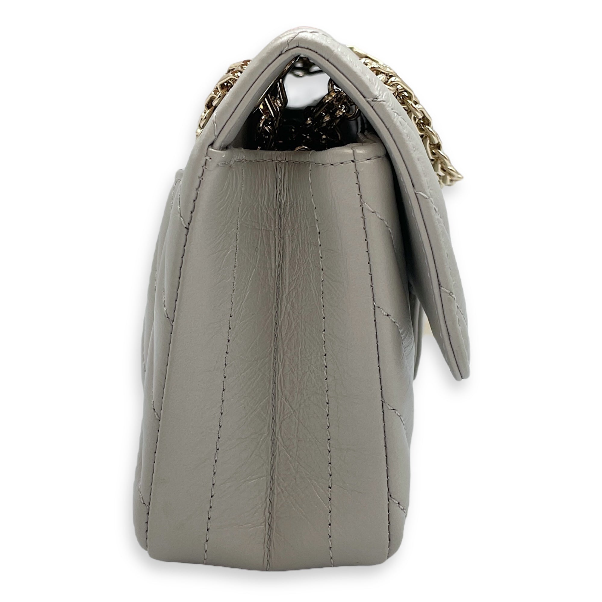 Chevron 22.55 Reissue Mini Metallic Grey Crossbody Bag in Lambskin, Gold hardware