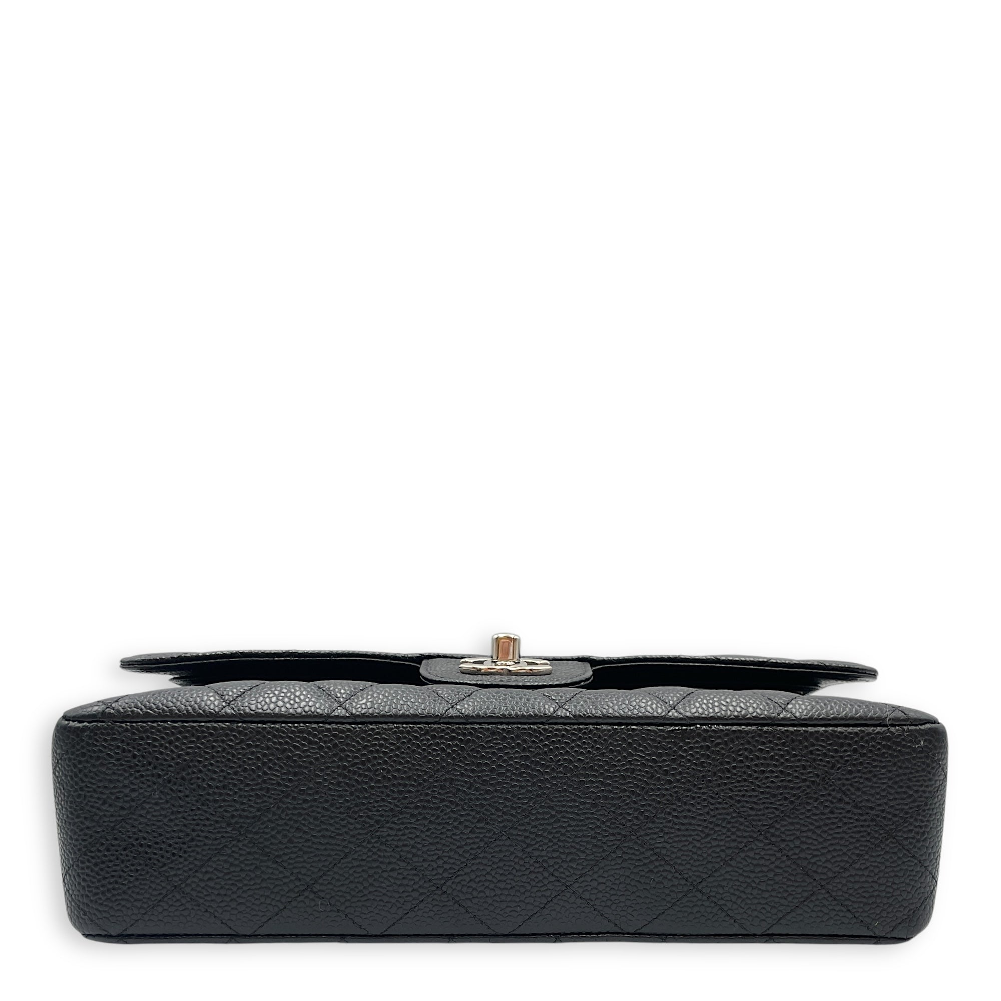 Classic Medium Black Double Flap Bag in Caviar Leather, Silver hardware