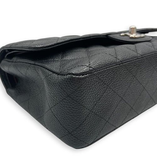 Classic Medium Black Double Flap Bag in Caviar Leather, Silver hardware