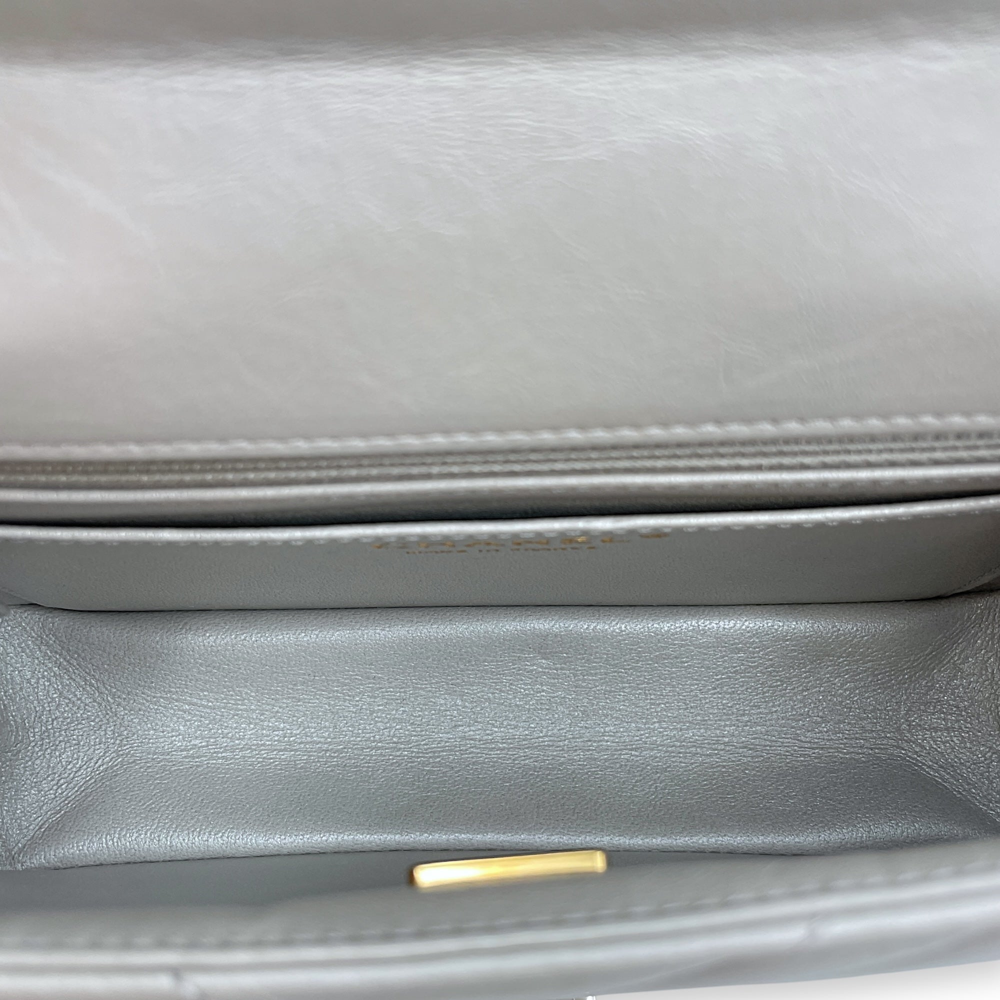 Chevron 22.55 Reissue Mini Metallic Grey Crossbody Bag in Lambskin, Gold hardware